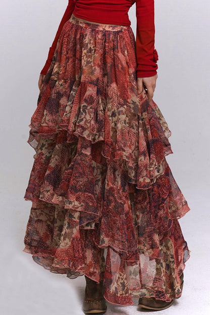 Red Floral Tiered Skirt