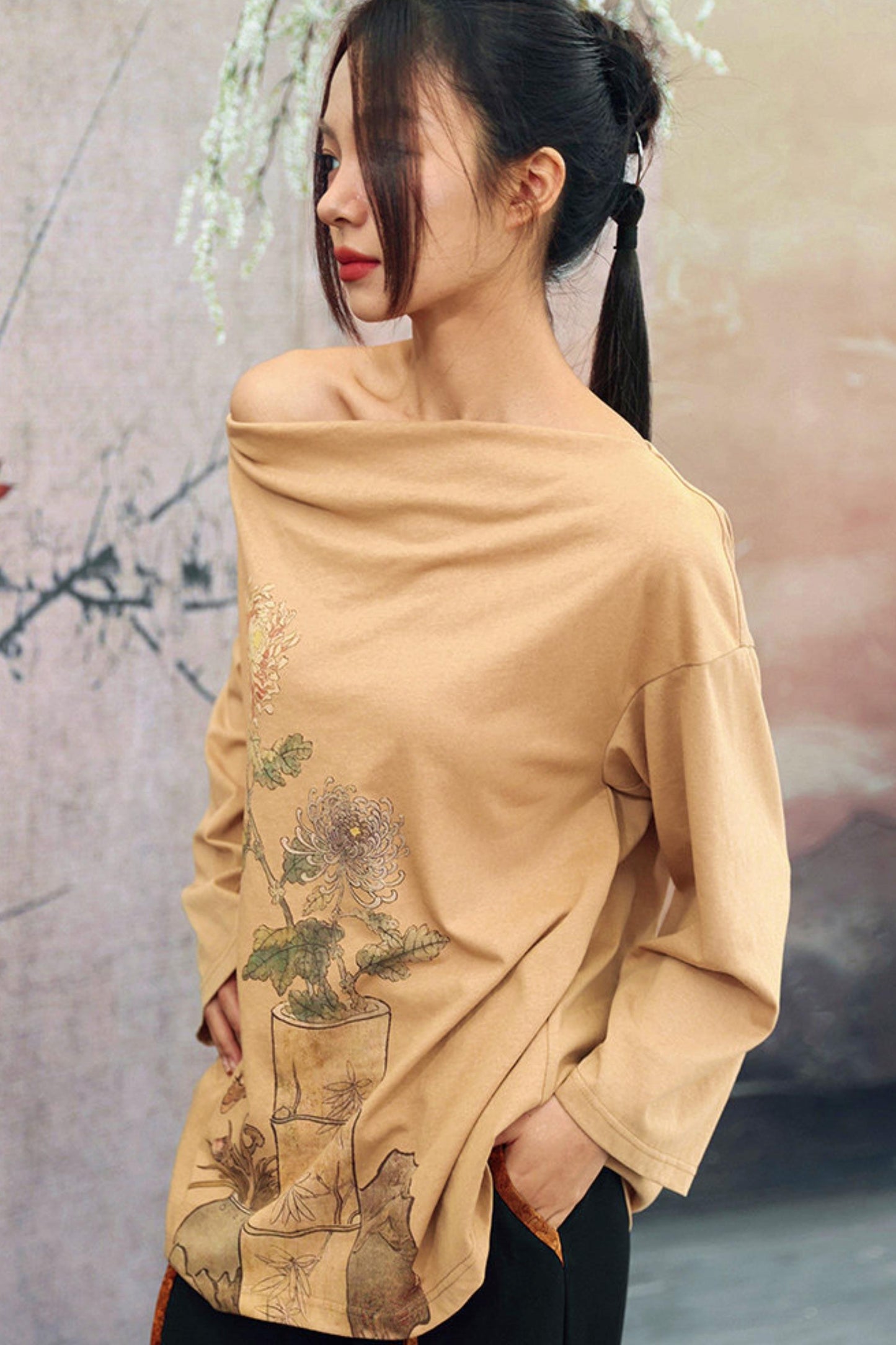 Floral Art Print Drape Neck Top