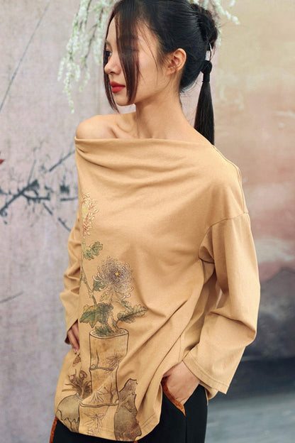 Floral Art Print Drape Neck Top