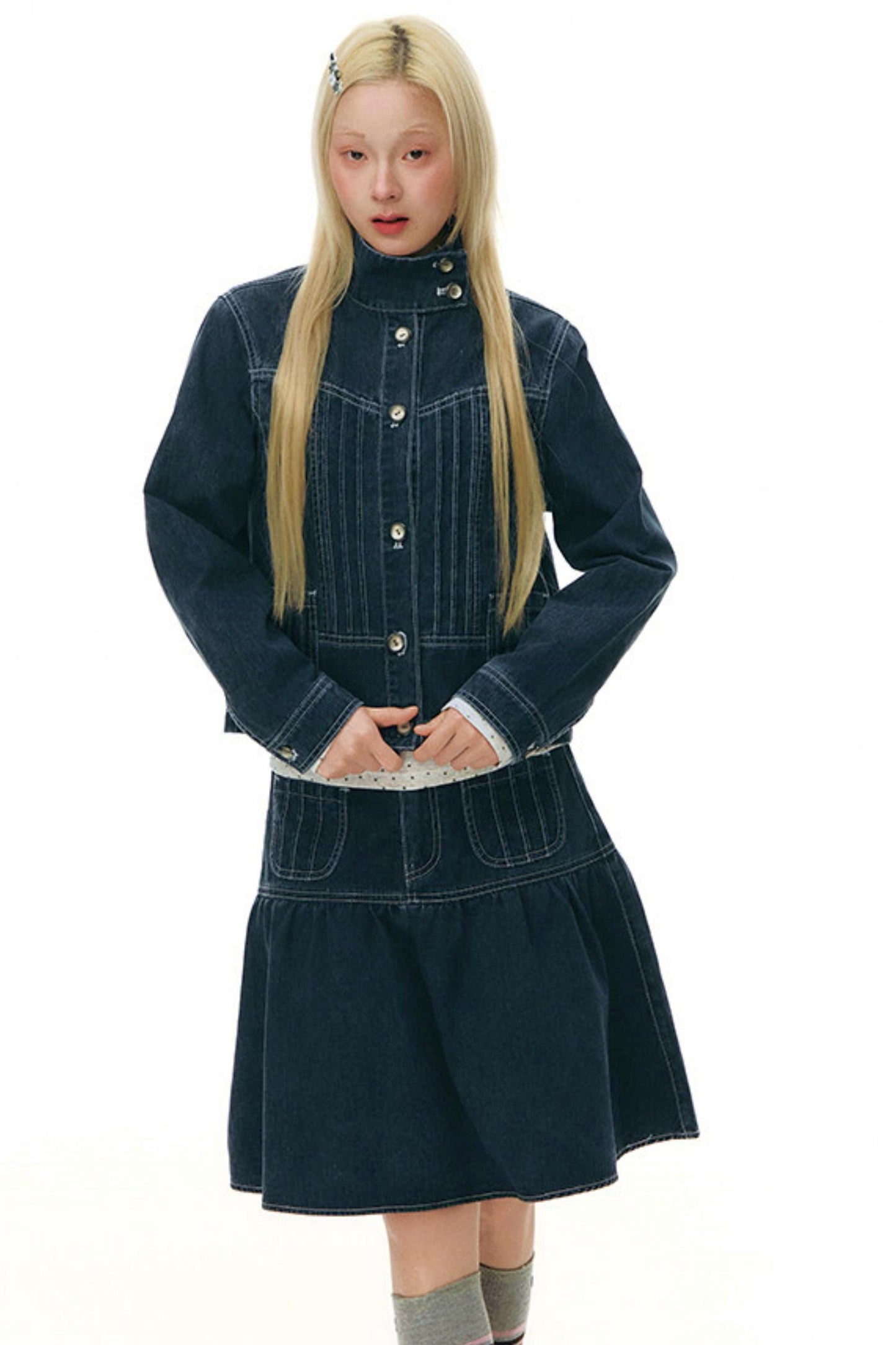 Pleated Denim A-Line Skirt