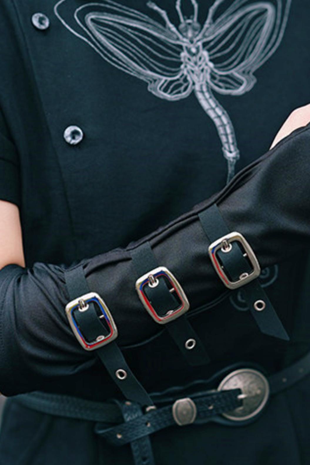 Black Dark Fantasy Metal Buckle Arm Covers (Fingerless Gloves)