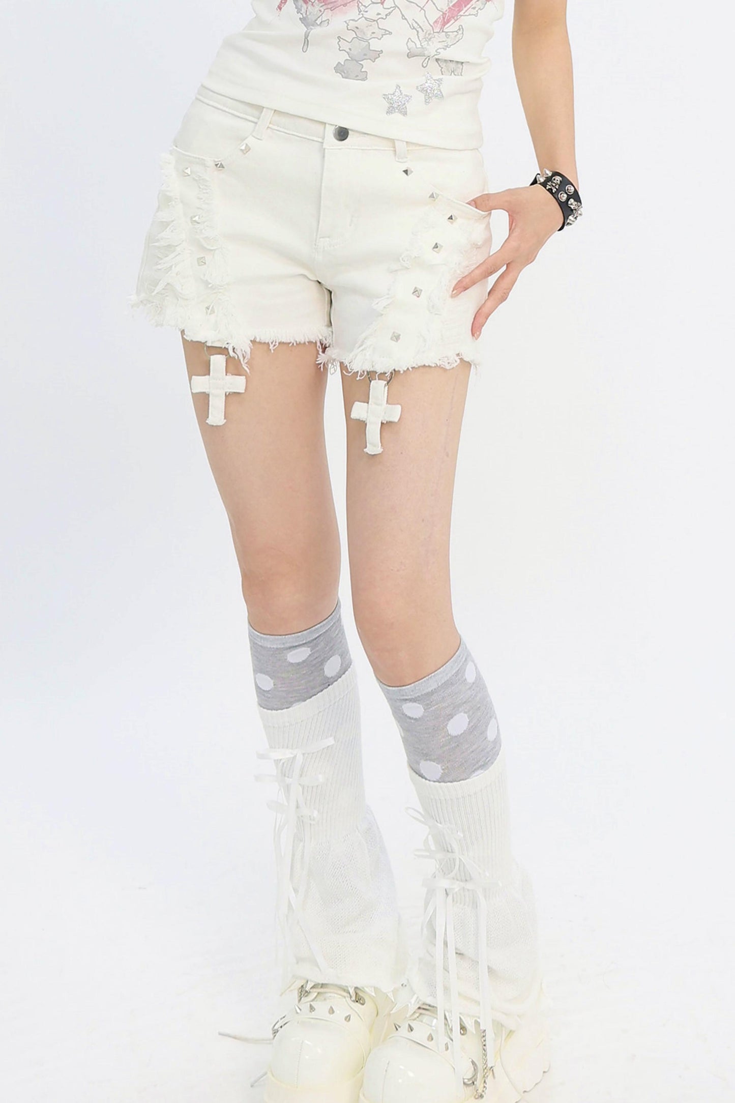 Cross Charm Distressed Shorts