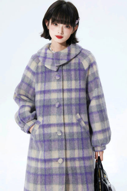 Purple Plaid Woolen Coat