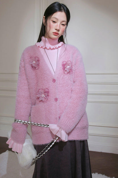 Pink Feather Floral Cardigan