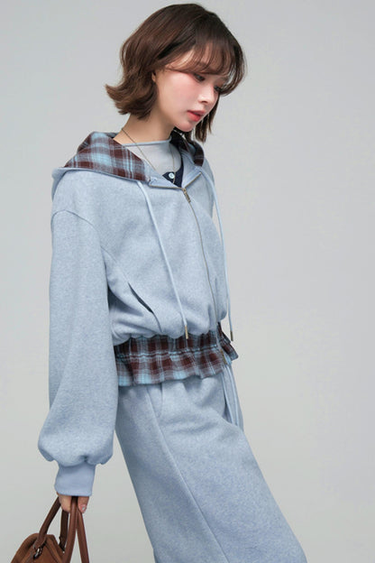 パッチワークプラッドフーデッドジャケットセットアップ