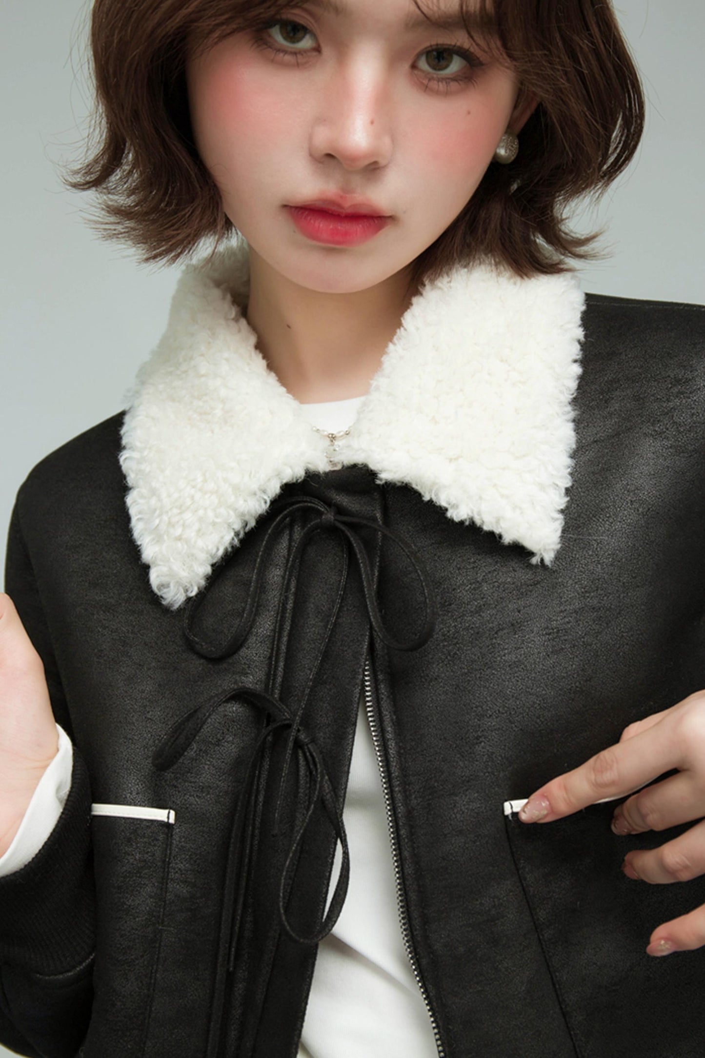 カラーブロックドシアリングコート