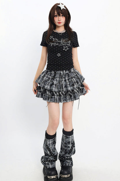 Jirai Kei Plaid Tiered Skirt with Leg Warmers