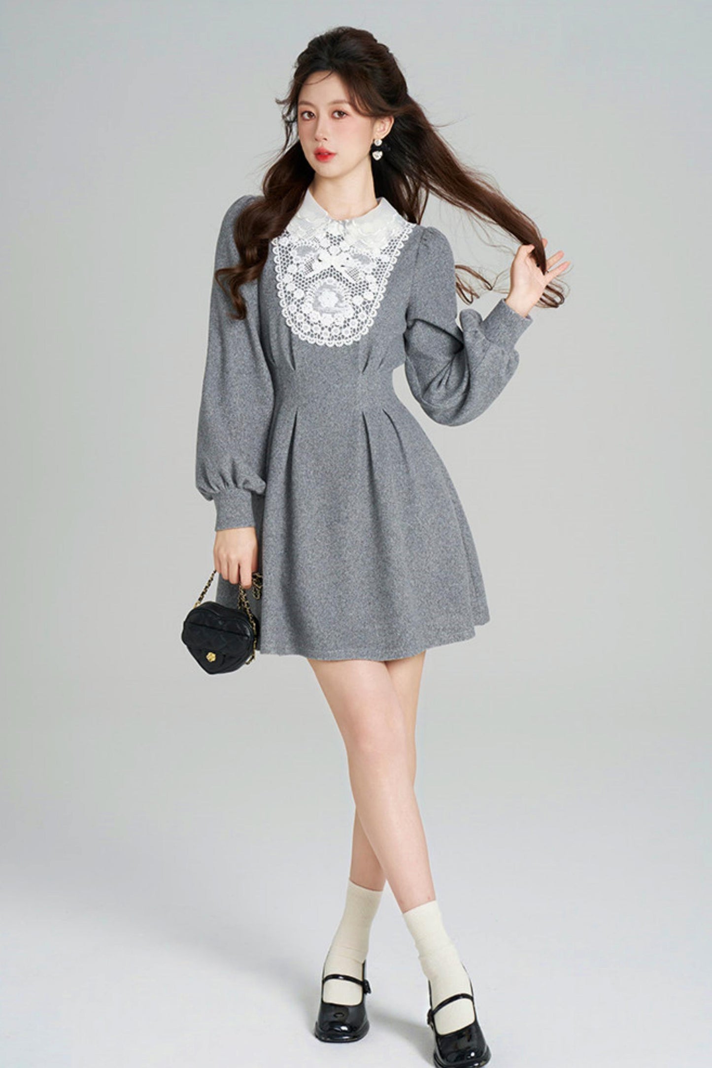 Lace Neck Design Waist Marked Dress