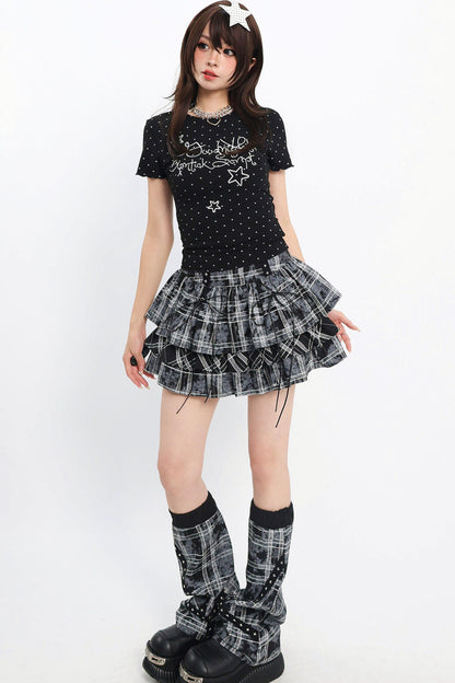 Jirai Kei Plaid Tiered Skirt with Leg Warmers