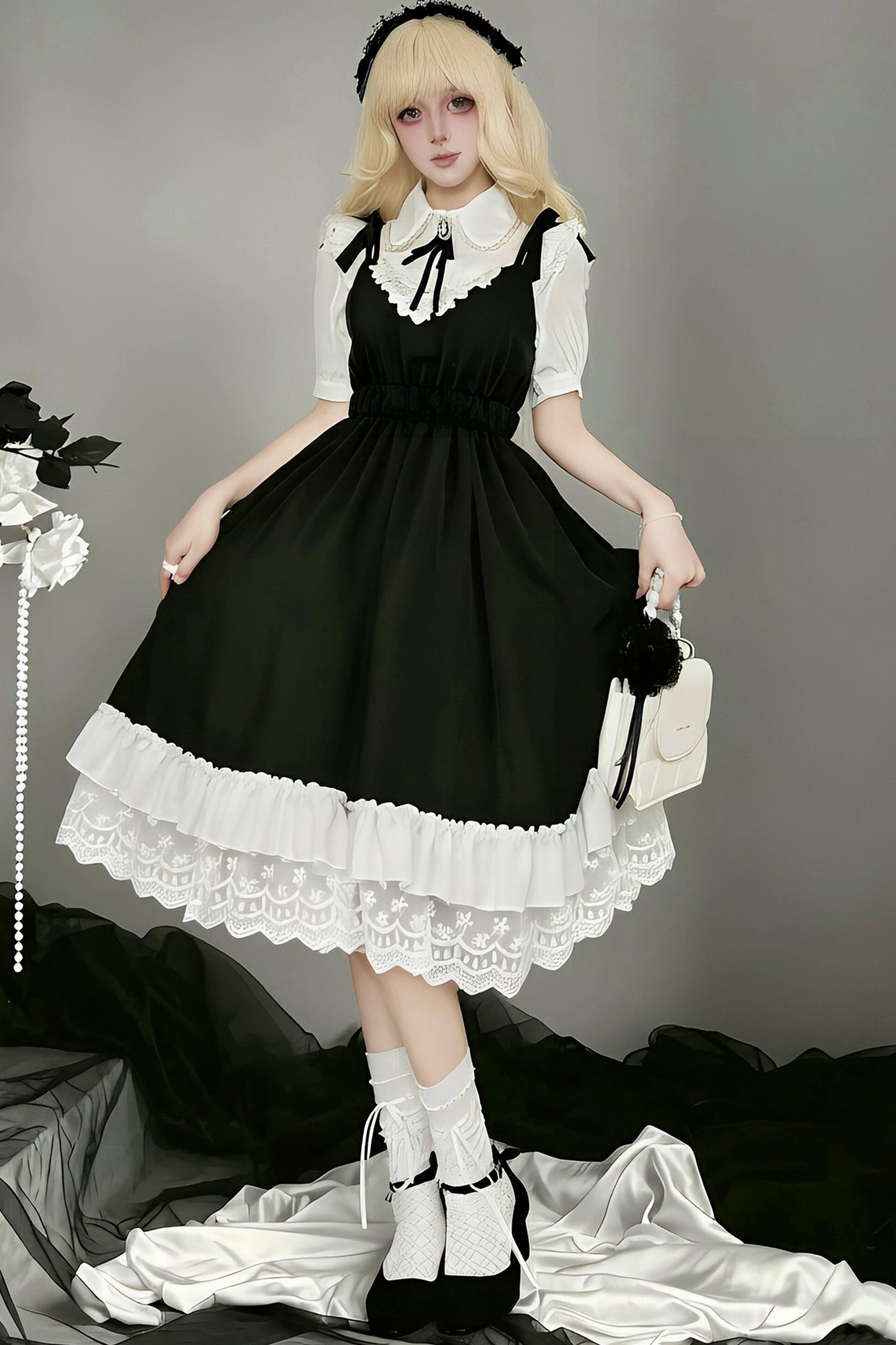 Monochromer Doll-Lolita-Jumperrock + Hemd mit Fliege