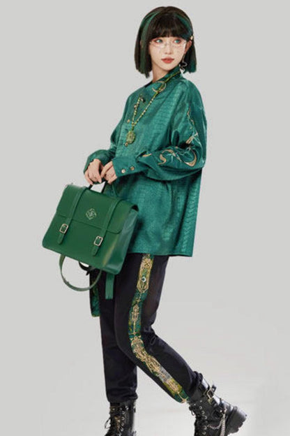 Jade Moon Dragon Embroidered Chinese Shirt + Moon Pocket Pants