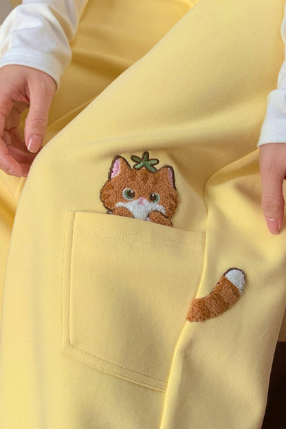 Orange Cat Embroidered Sweatpants