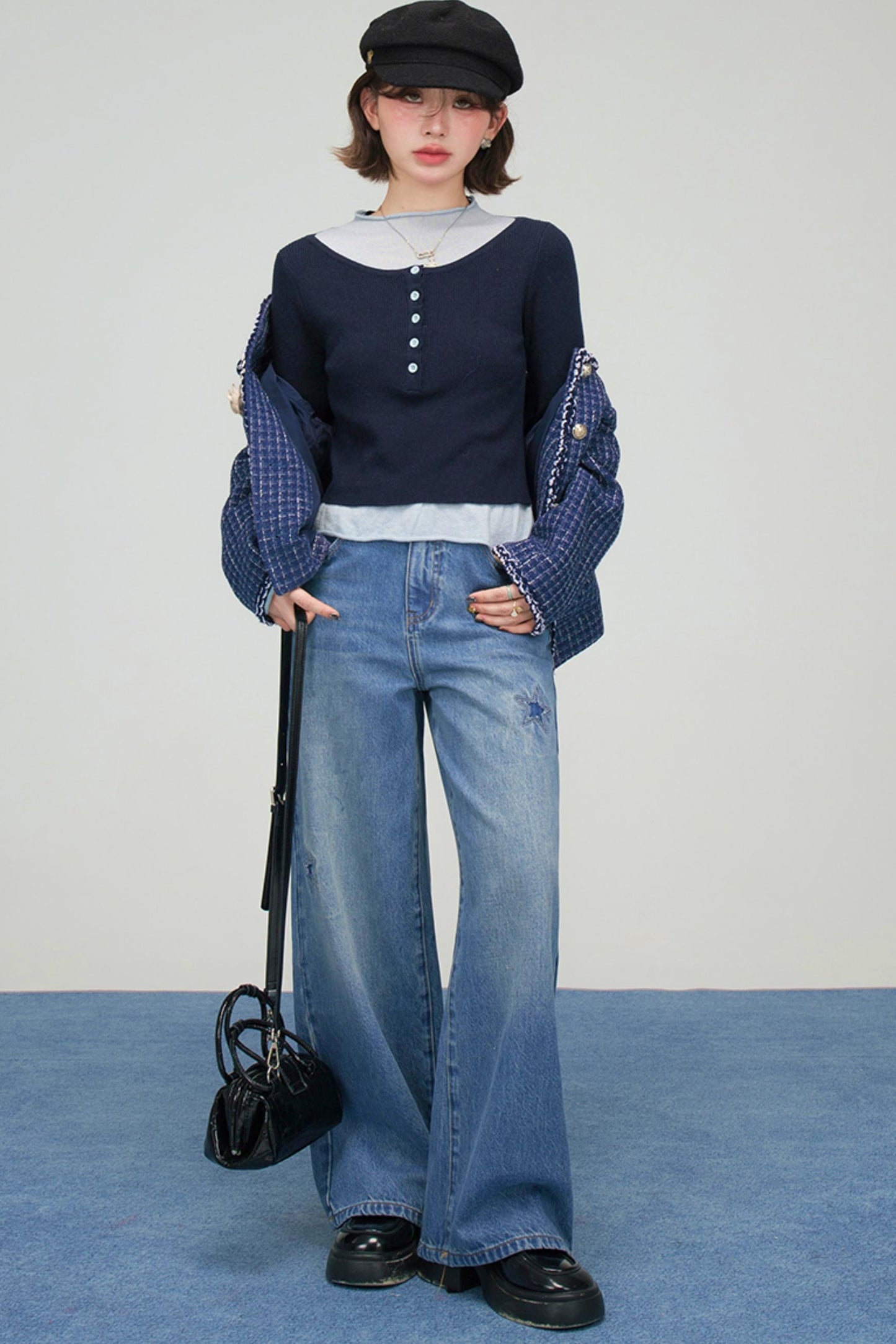 カジュアルコントラストタイトトップス