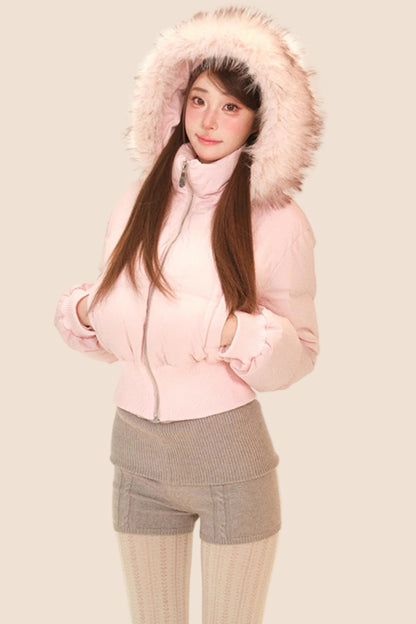 スノーベルベットフェザーフーデッドダウンジャケット