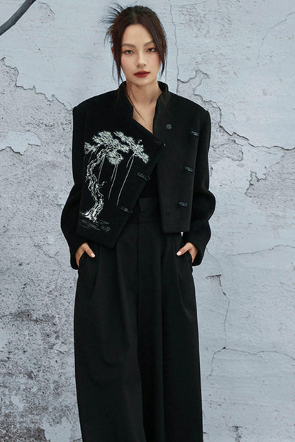 ブラックエンブロイダードウールンコート