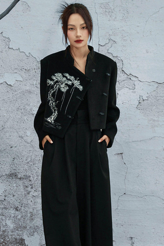 ブラックエンブロイダードウールンコート