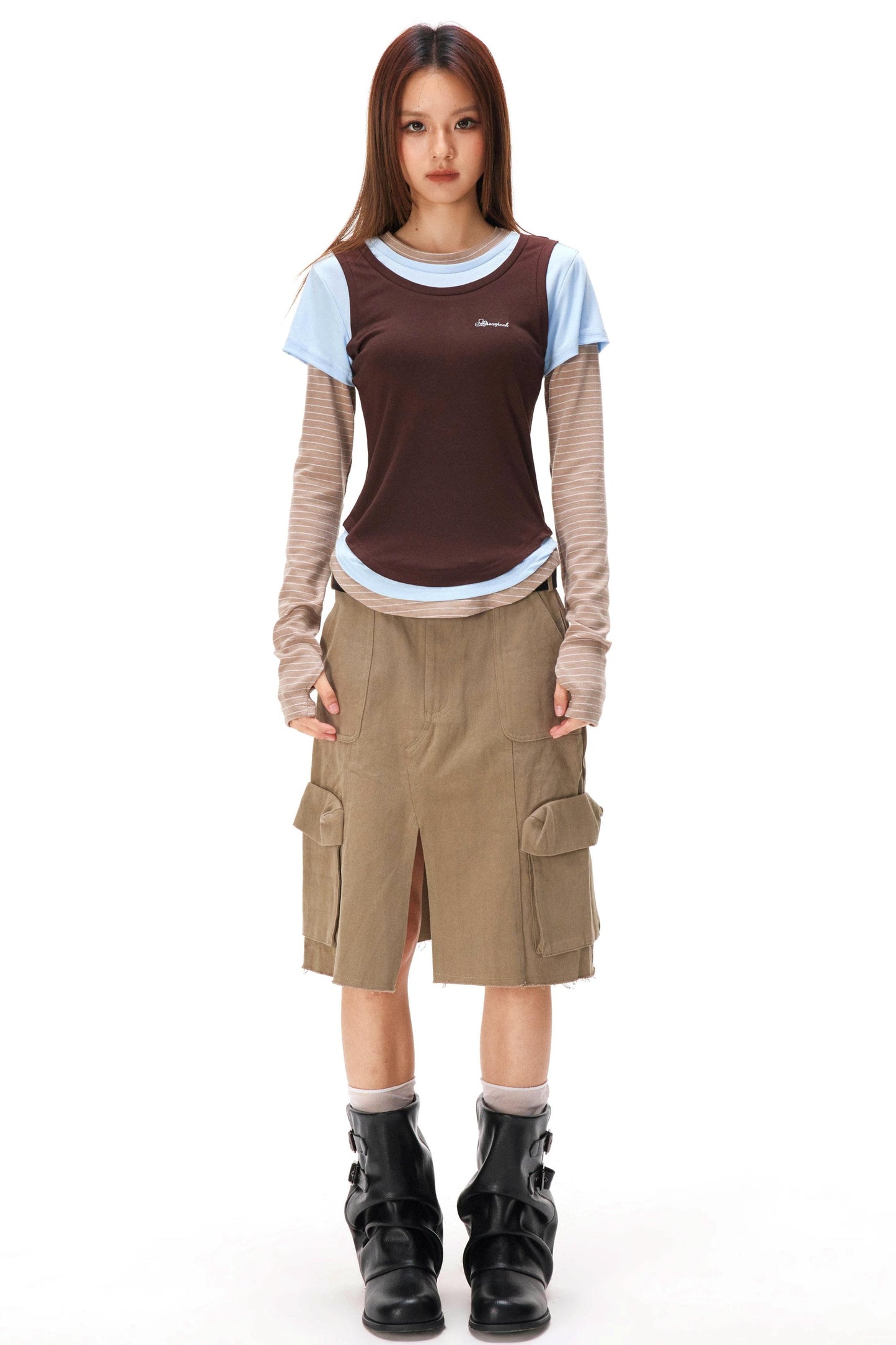 ストライプドパッチワークレイヤードトップス