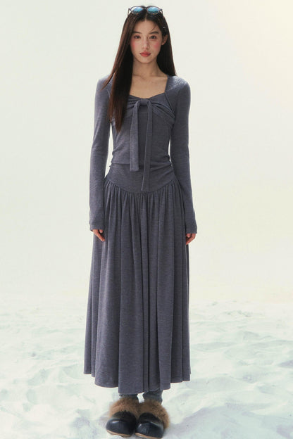 Gray Knit Waist Shaping French Dress
