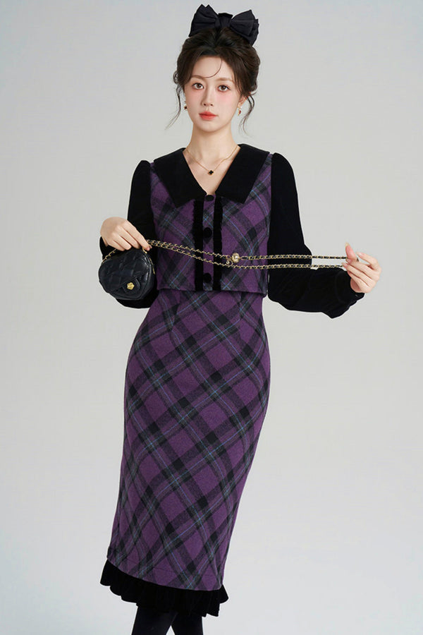 Velvet Patchwork Plaid Dress