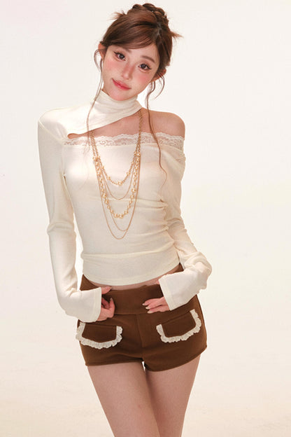 カットデザインワンショルダースリムトップス