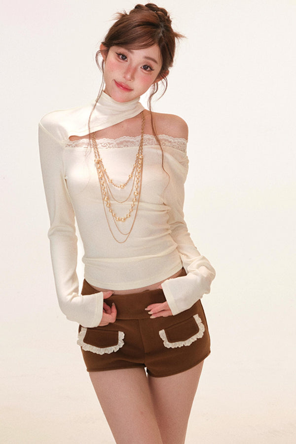 カットデザインワンショルダースリムトップス