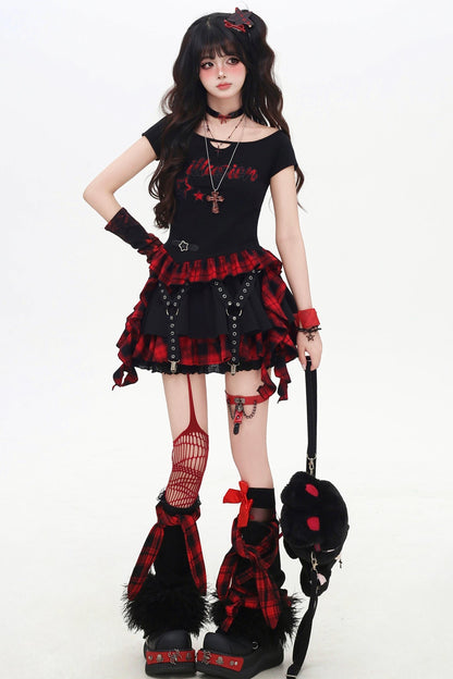 チェックリボンスリムTシャツセットアップ