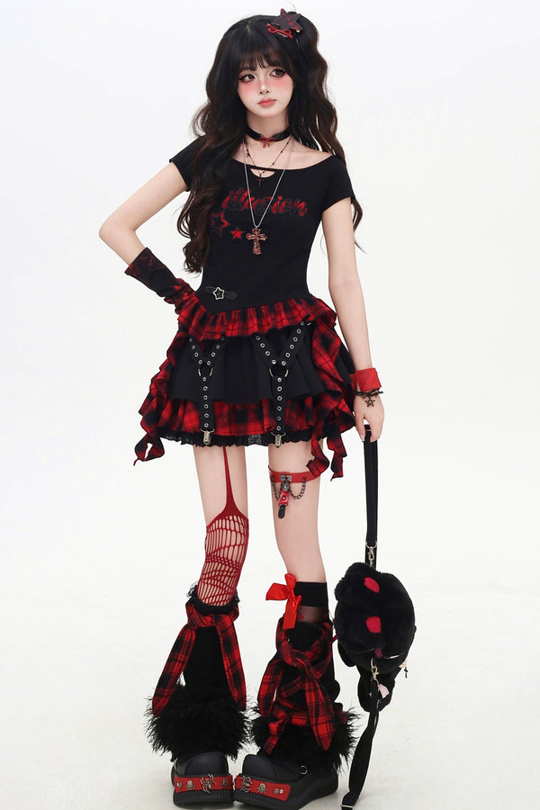 チェックリボンスリムTシャツセットアップ