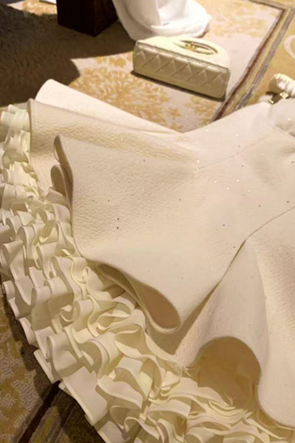 French off-the-shoulder dress + shawl + sleeves