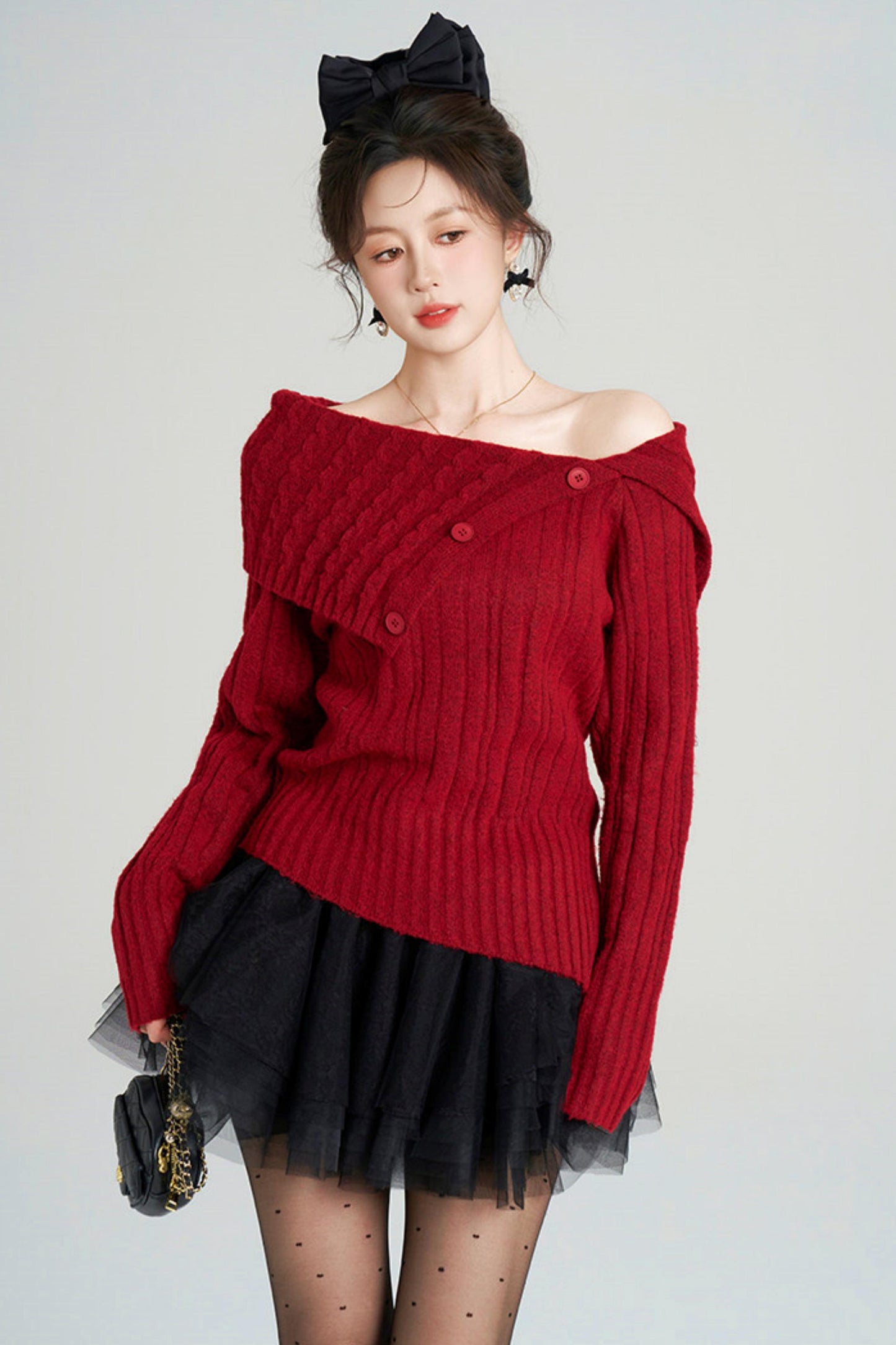 ワンショルダーフレンチタイトトップス+チュールスカート