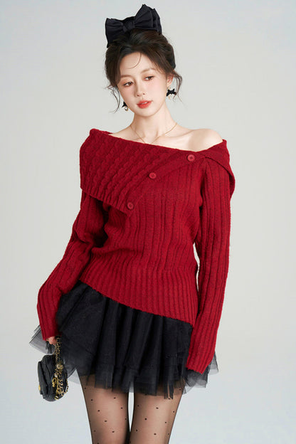 ワンショルダーフレンチタイトトップス+チュールスカート