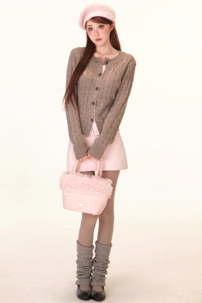 Plaid Wool Knit Cardigan + Skirt