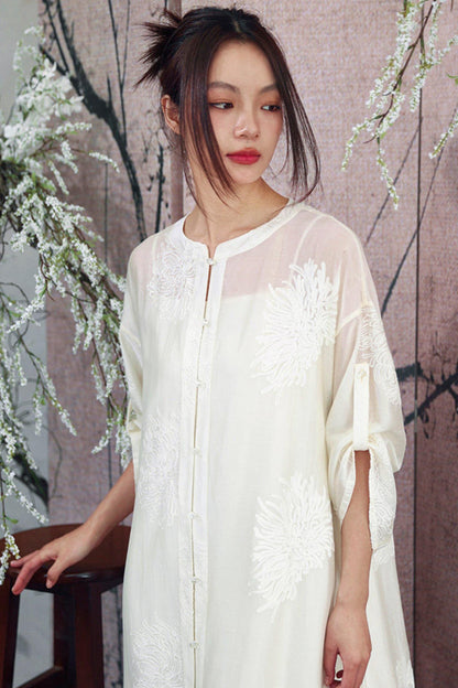 White Sheer Floral Embroidered Band-Collar Shirt Dress