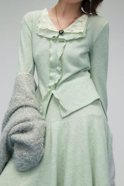 レースカラーニットトップス+アシメスカート