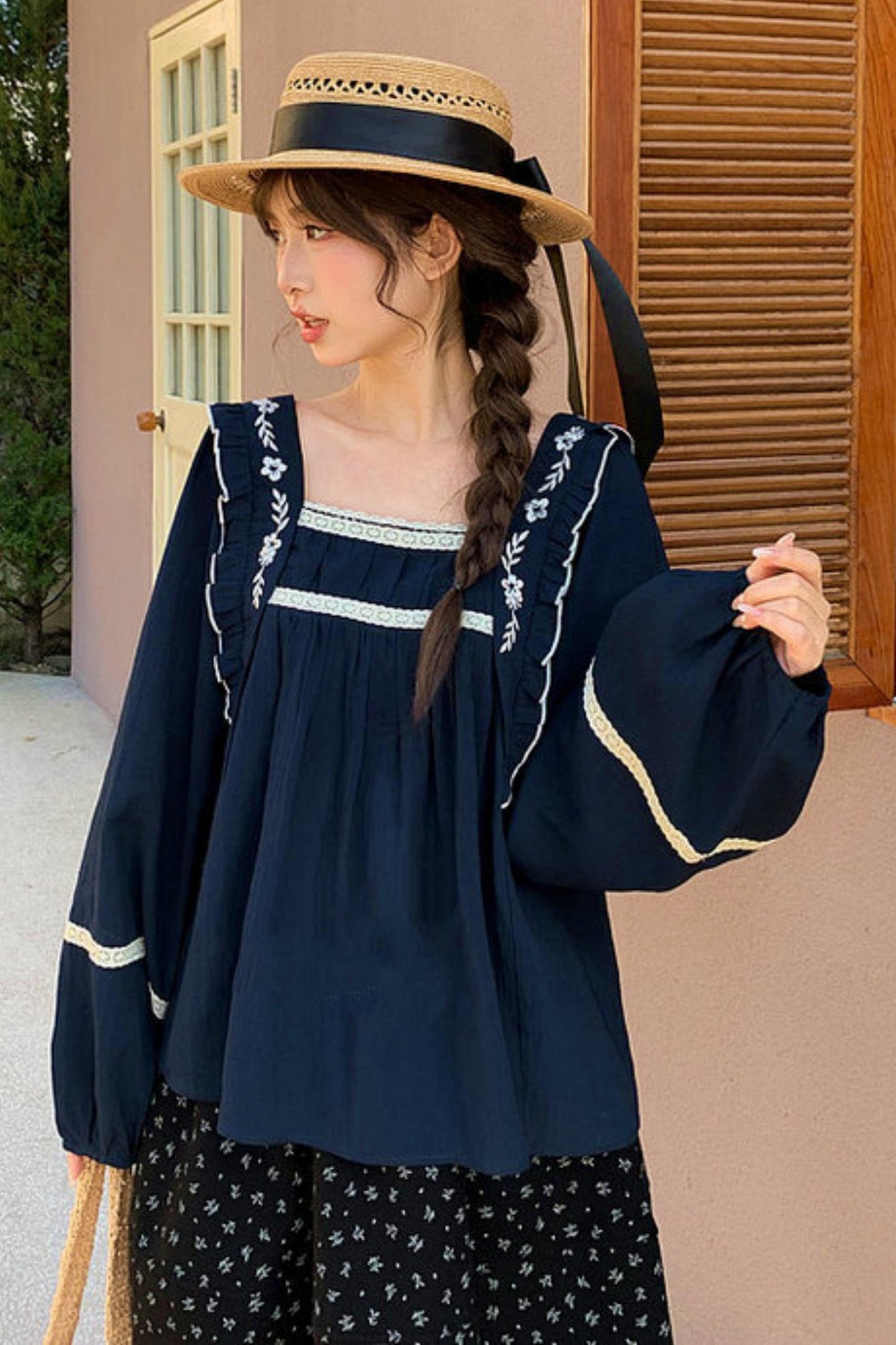 Lace Embroidered Square Collar Blouse