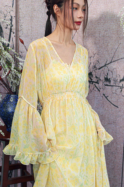 Vestido de gasa amarillo con flores