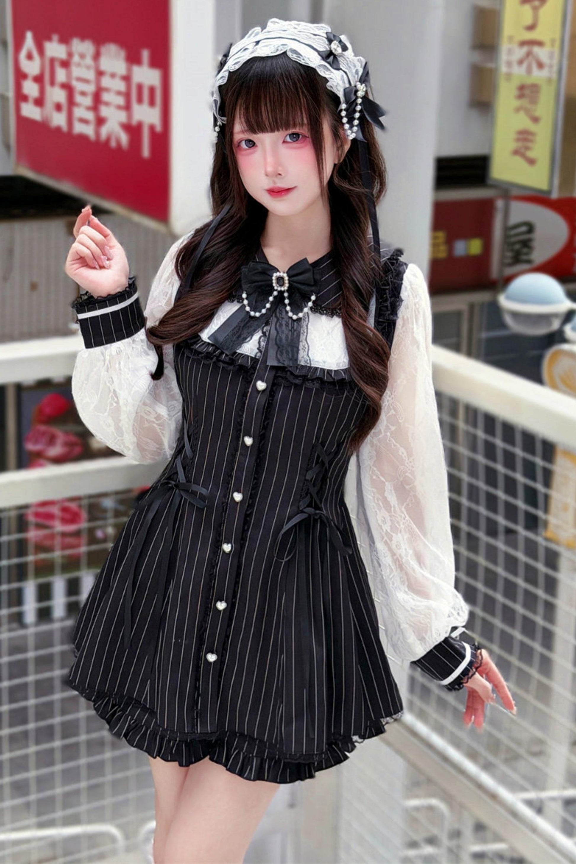Striped Lace Dark Kawaii Dress + Shorts + Headdress