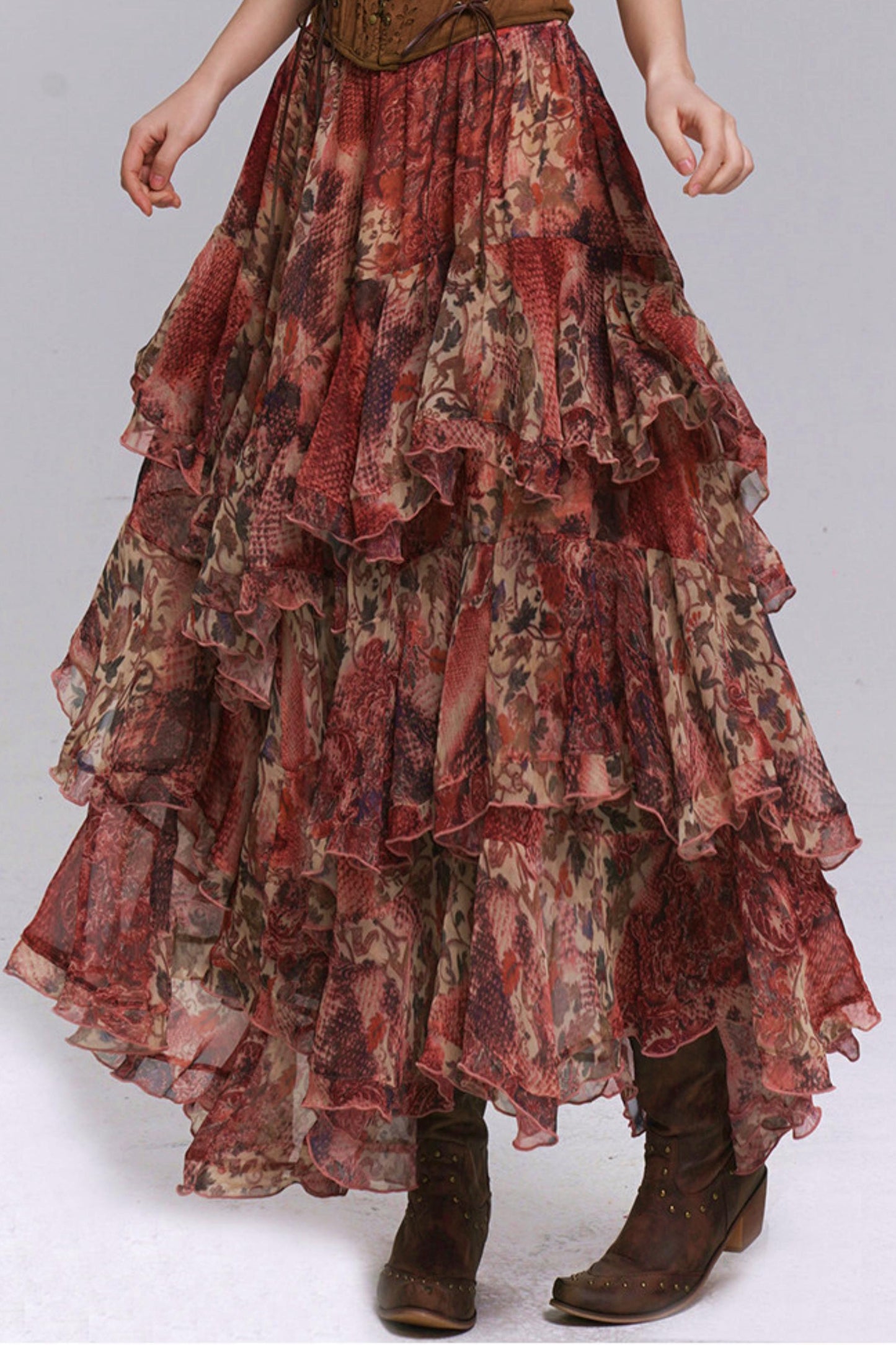 Red Floral Tiered Skirt