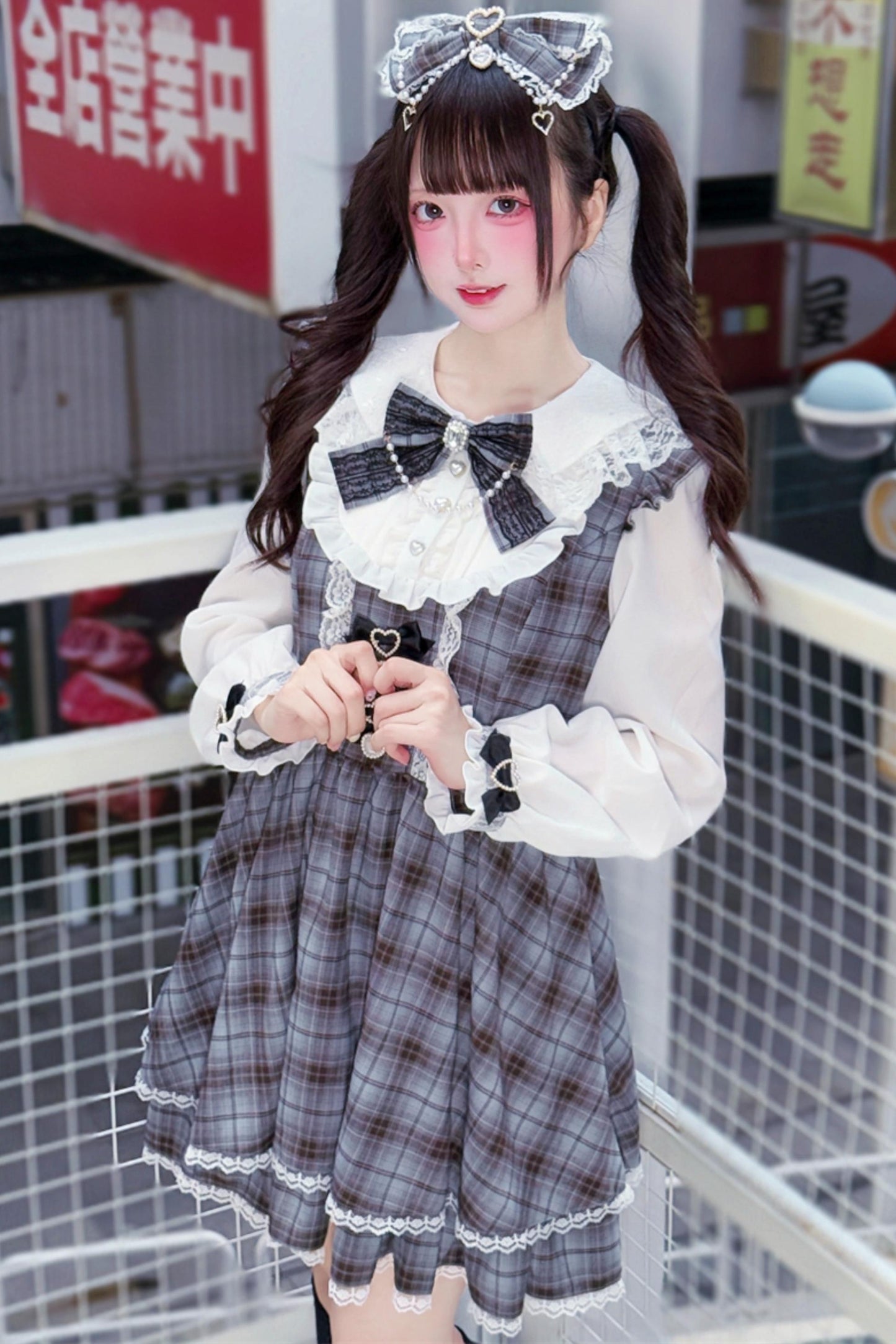 Robe Sweet Girly Grise à Carreaux et Ruban