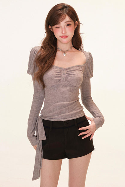 フレンチオープンネックスイートパフスリーブトップス