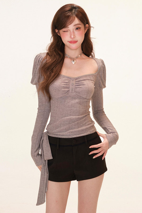 フレンチオープンネックスイートパフスリーブトップス