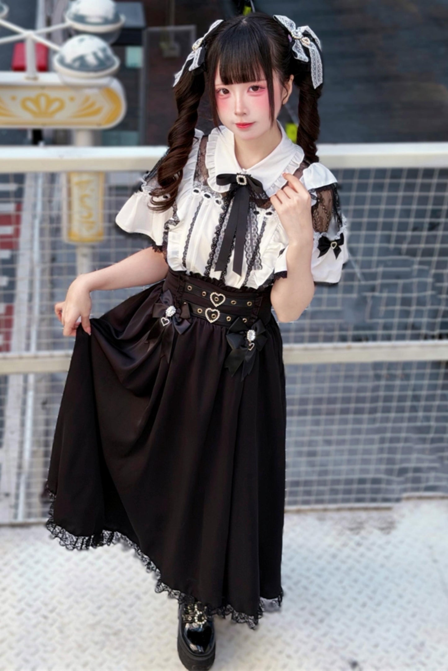 Elegant Lace Dark Kawaii Blouse + Heart Ring Long Skirt