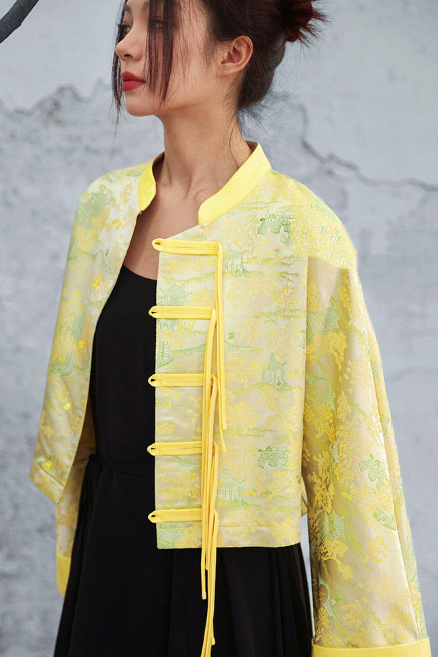 크리미 옐로우 자카드 재킷