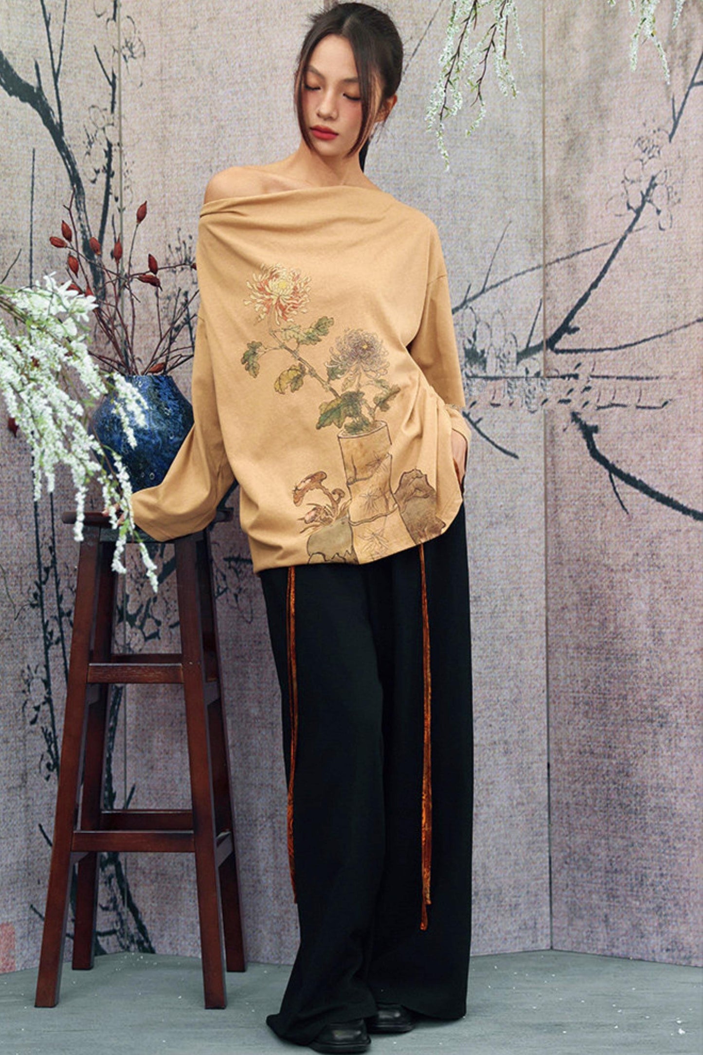 Floral Art Print Drape Neck Top