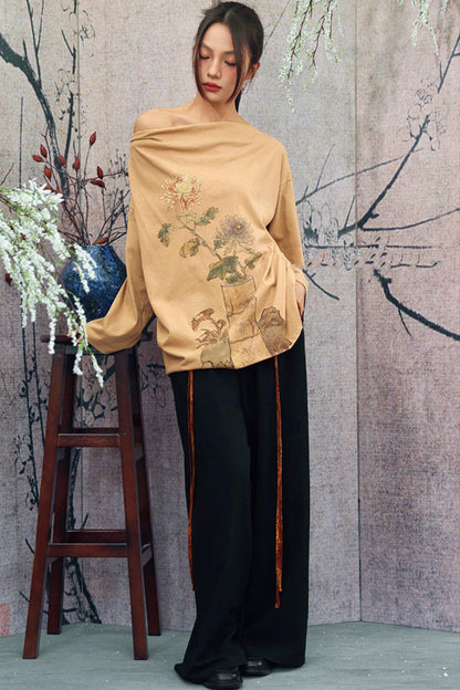 Floral Art Print Drape Neck Top