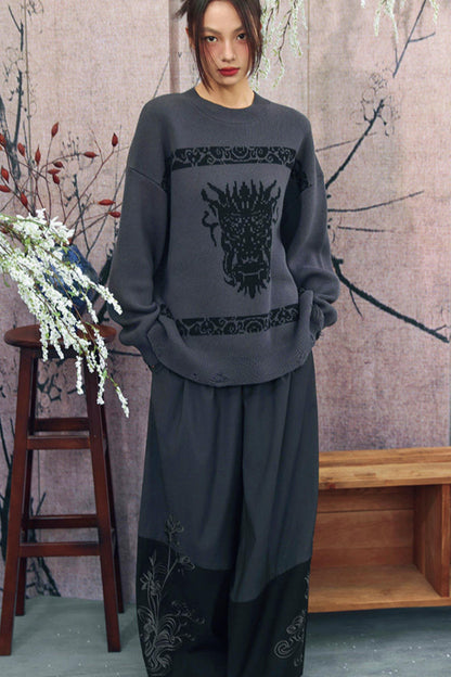 Gray x Black Embroidered High-Waist Wide-Leg Pants