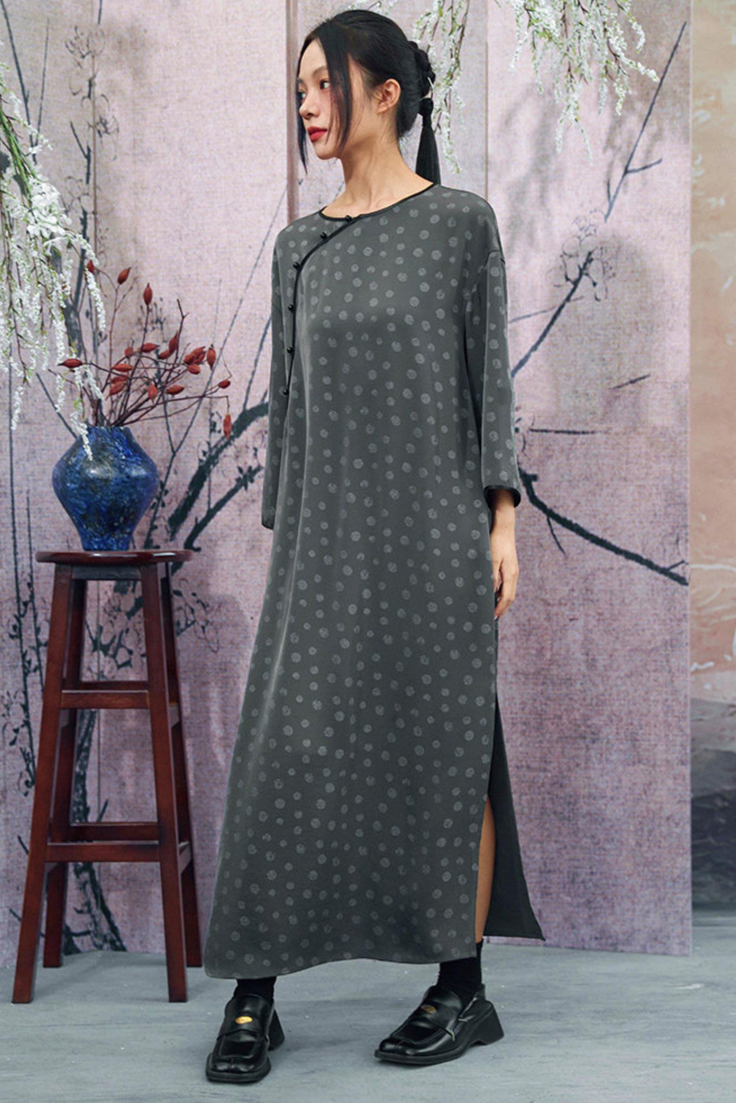 Dot Print Chinese Slit Long Dress