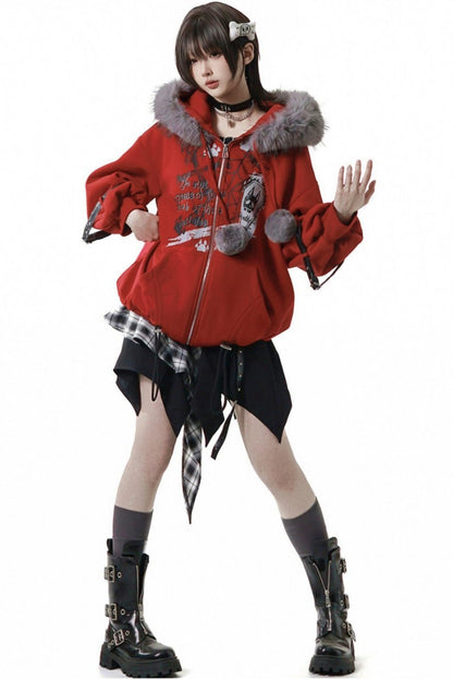 Red Furry Fleece Jacket + Top + Skirt + Accessories