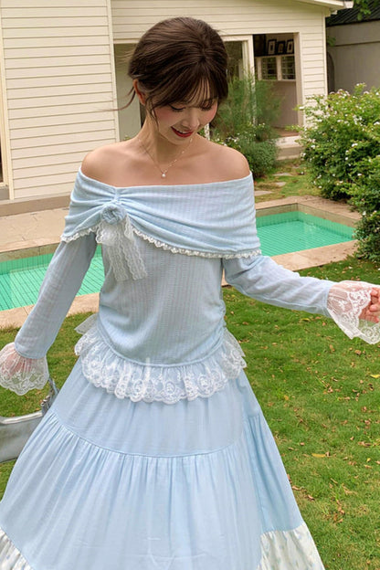 レースパッチワークオフショルダートップス+ロングスカート