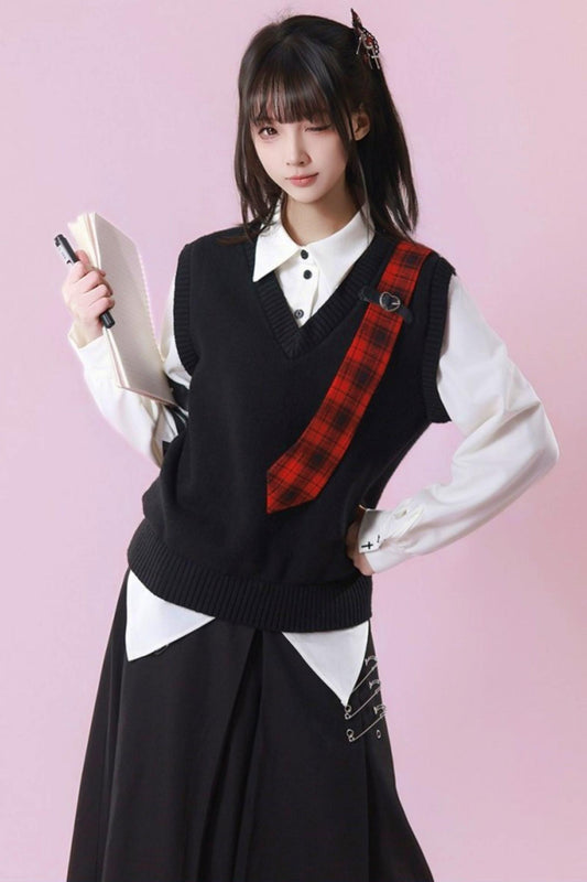 パッチワークツーピースネクタイデザイントップス