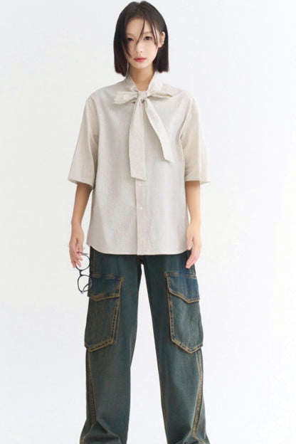 カジュアルストライプレースアップシャツ